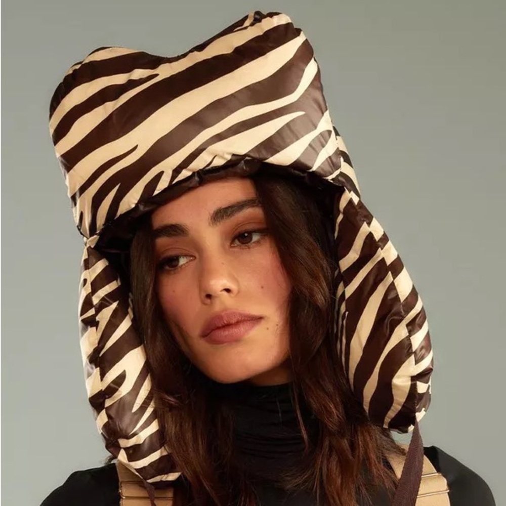 Cynthia Rowley Brown and Cream Animal Print Puffer Hat zebra